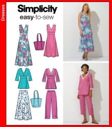 4220 SIMPLICITY SLEEVELESS TIED DRESS, TUNIC, SKIRT, CROP PANTS, BAG PATTERN 8-16